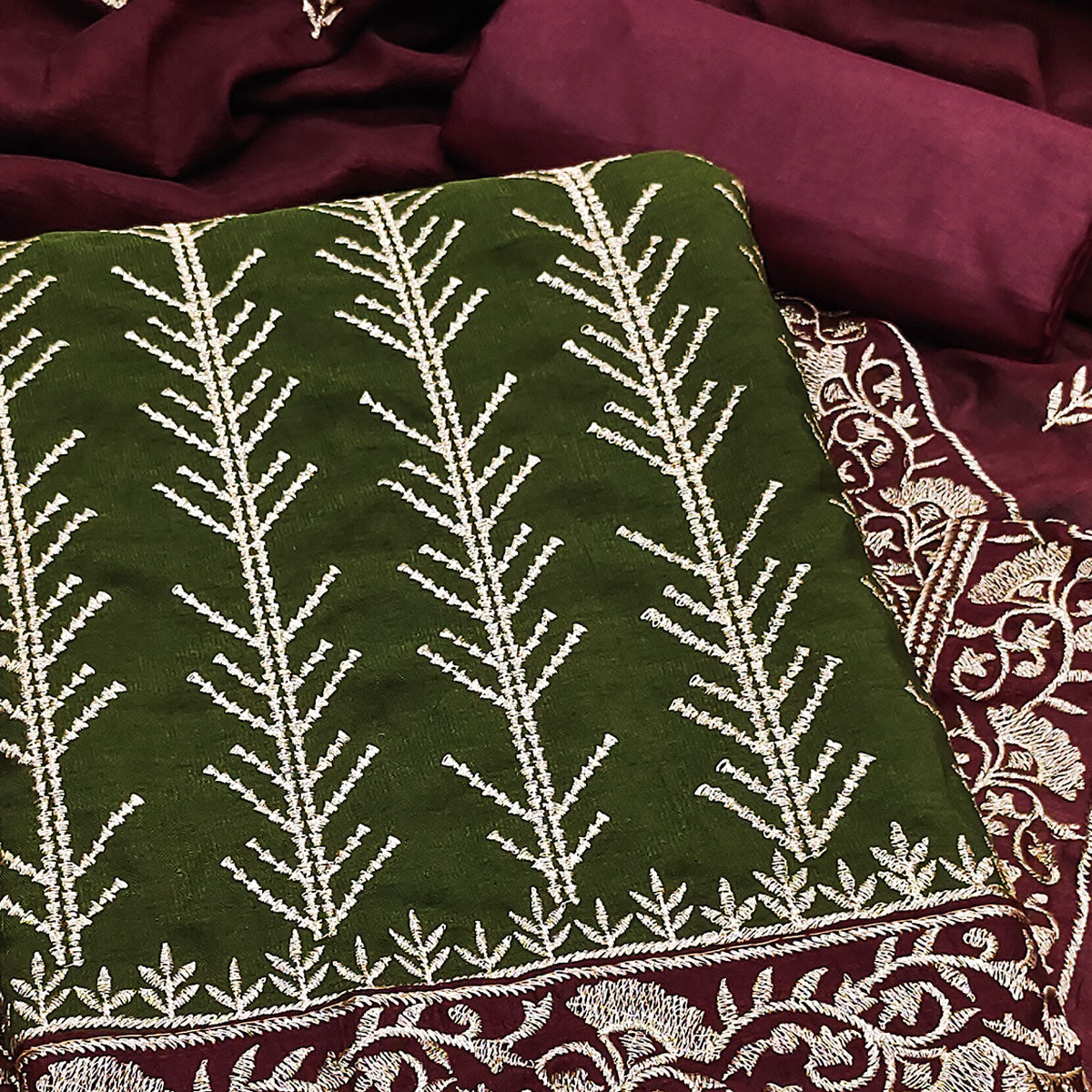 Green Vichitra Silk Dress Material Featuring Graceful Floral Embroidery Work