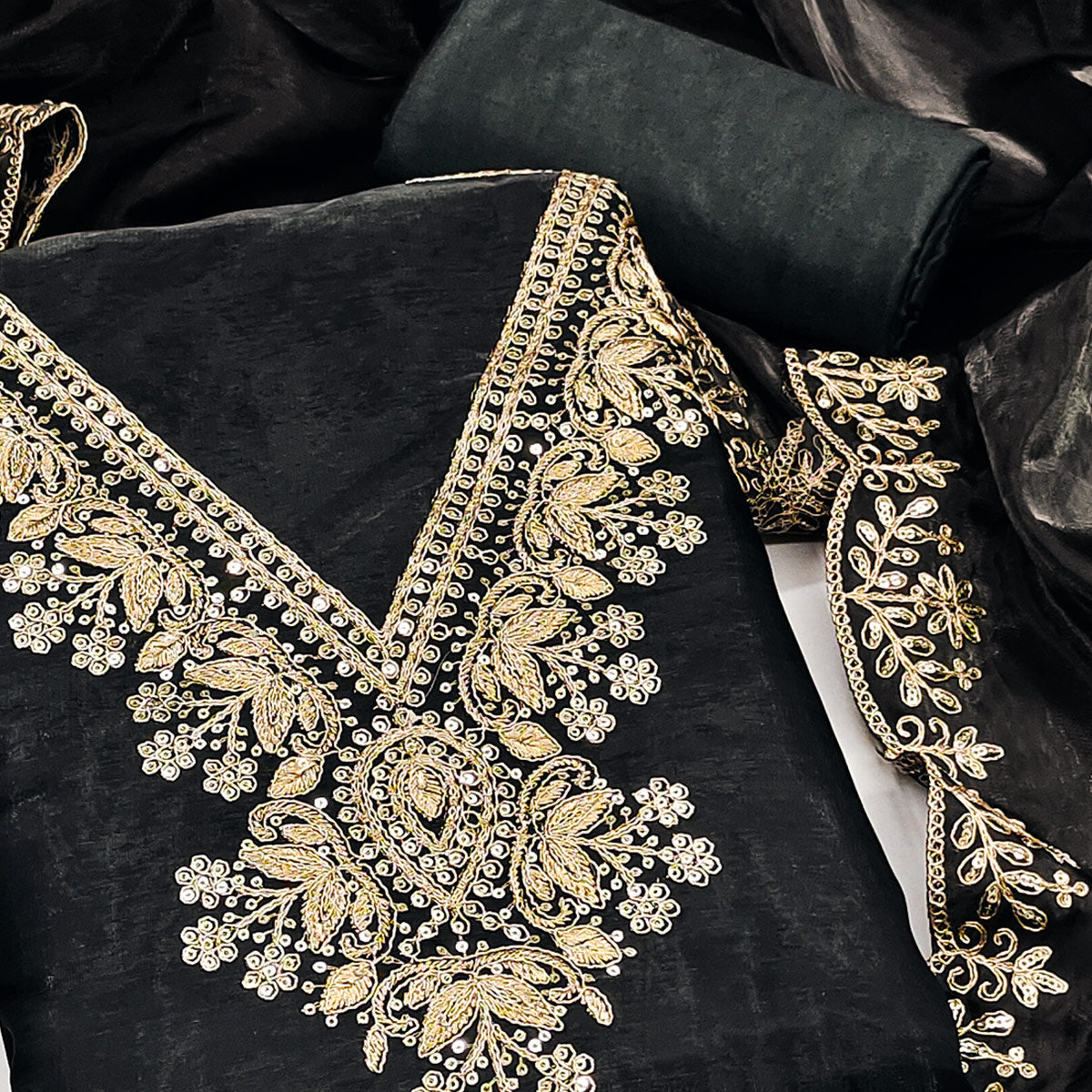 Black Unstitched Organza Suit with Thread Embroidery