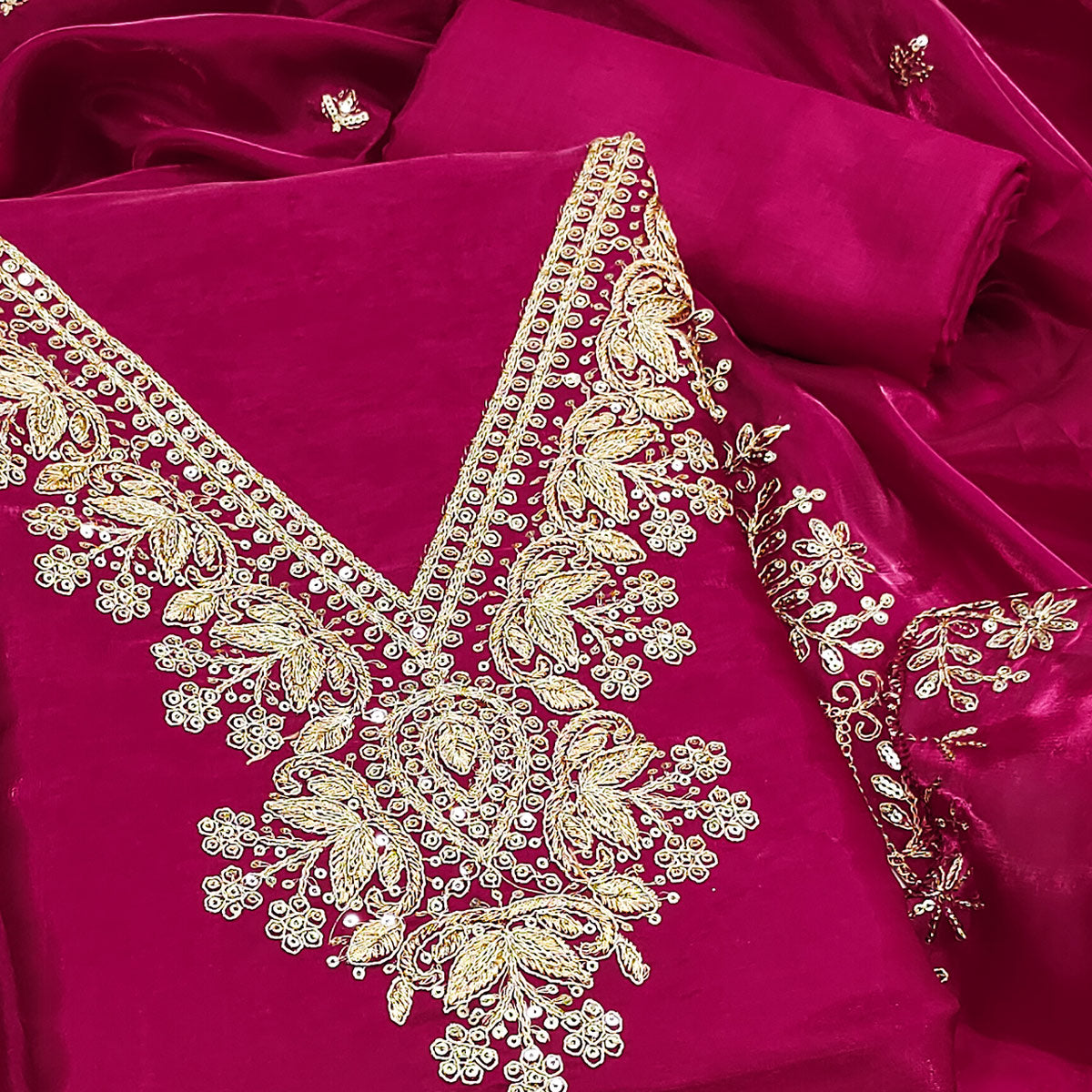 Pink Unstitched Organza Suit with Thread Embroidery