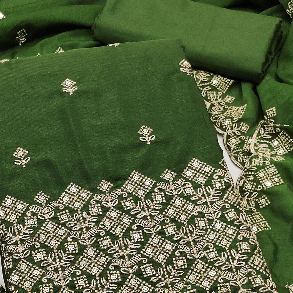 Green Vichitra Silk Dress Material Featuring Intricate Floral Embroidery & Sequins Work