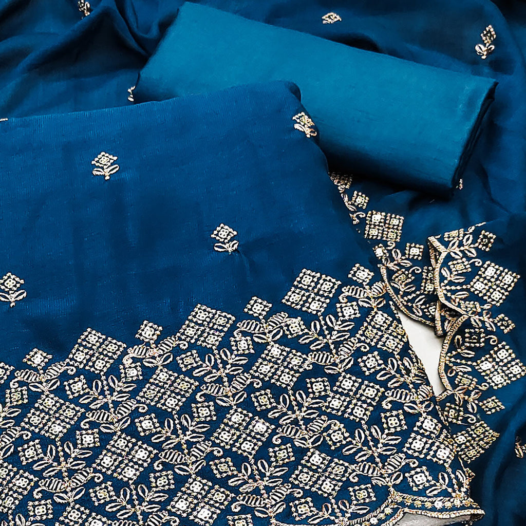 Morpich Blue Vichitra Silk Dress Material Featuring Intricate Floral Embroidery & Sequins Work