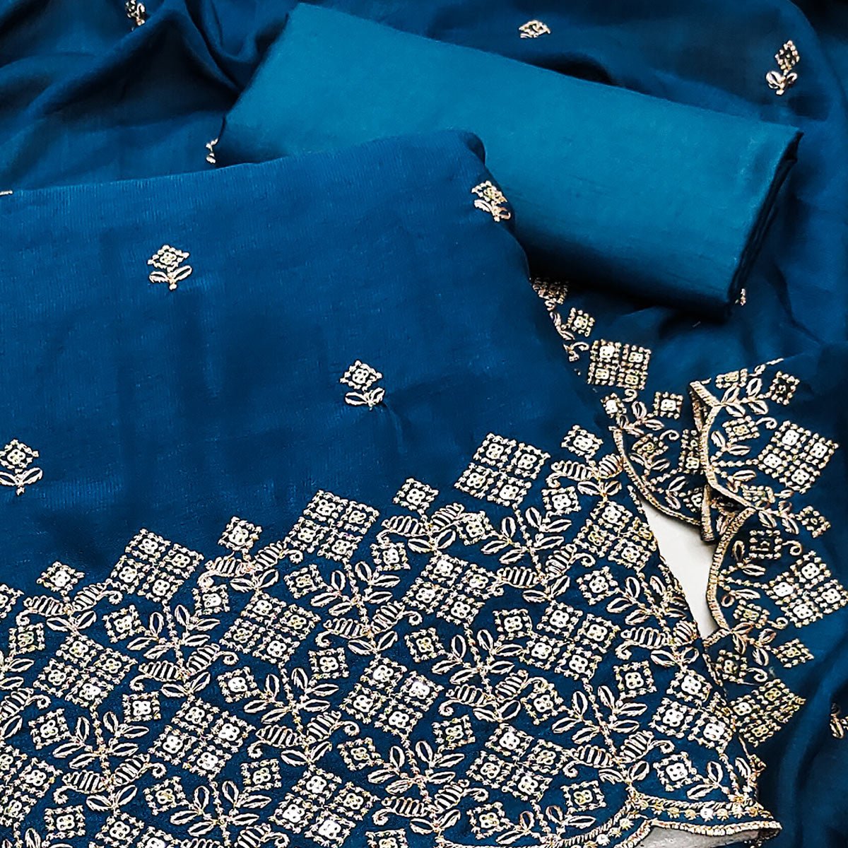 Morpich Blue Vichitra Silk Dress Material Featuring Intricate Floral Embroidery & Sequins Work
