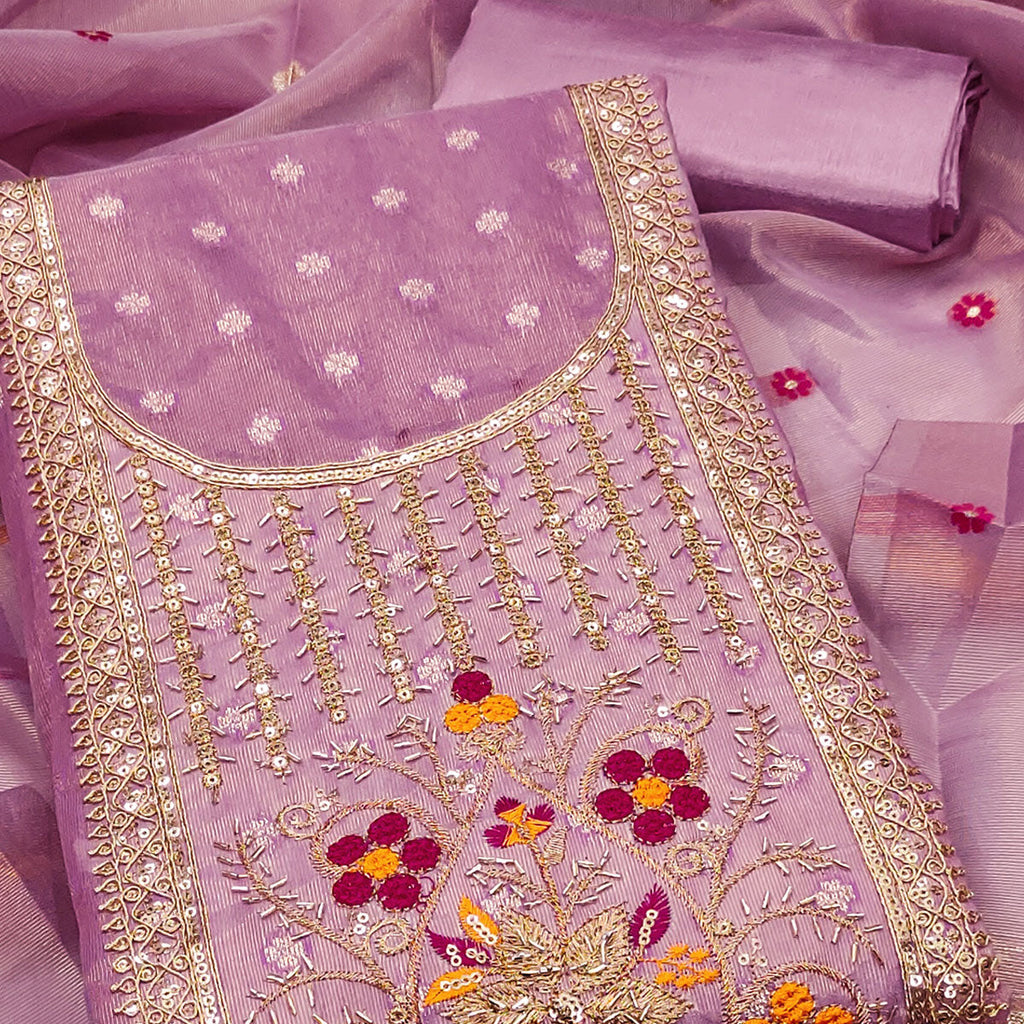 Lavender Shimmer Dress Material Adorned With Graceful Floral Weaving & Delicate Sequins Embroidery