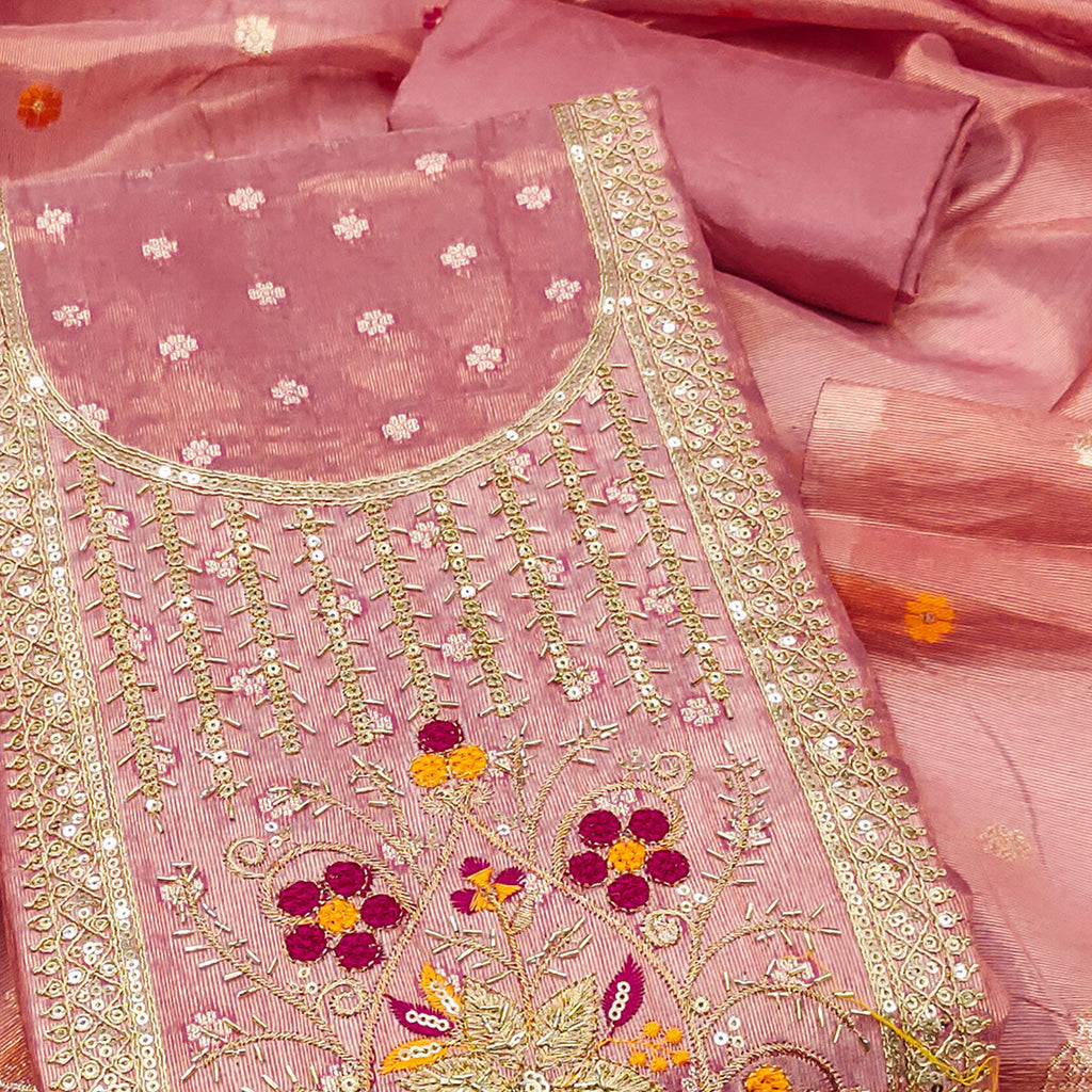 Peach Shimmer Dress Material Adorned With Graceful Floral Weaving & Delicate Sequins Embroidery