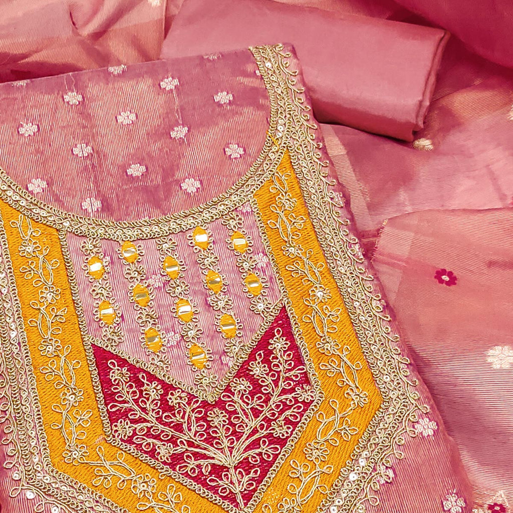 Peach Shimmer Dress Material Featuring Floral Weaving & Sparkling Sequins Embroidery