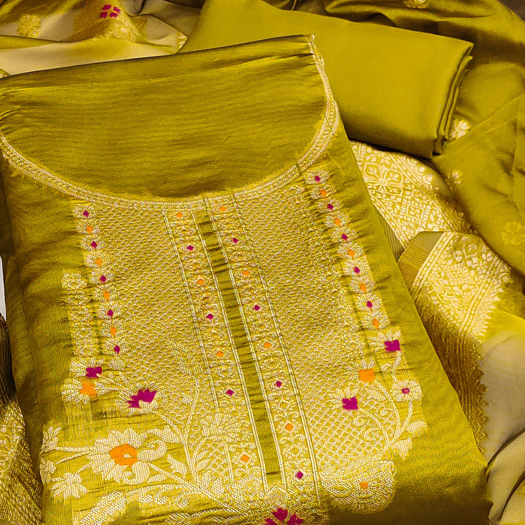 Dark Mustard Organza Silk Dress Material Adorned With Exquisite Floral Zari Weaving Work