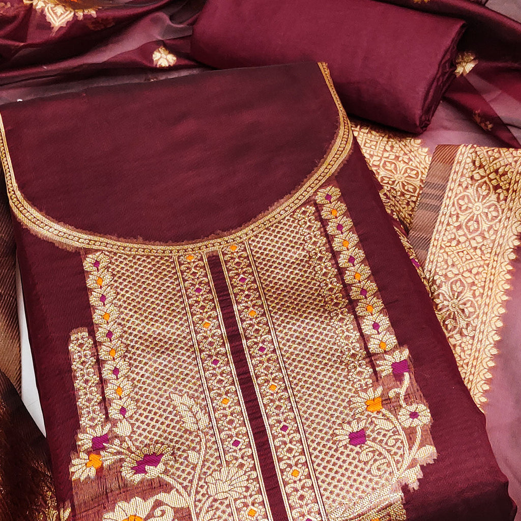 Maroon Organza Silk Dress Material Adorned With Exquisite Floral Zari Weaving Work