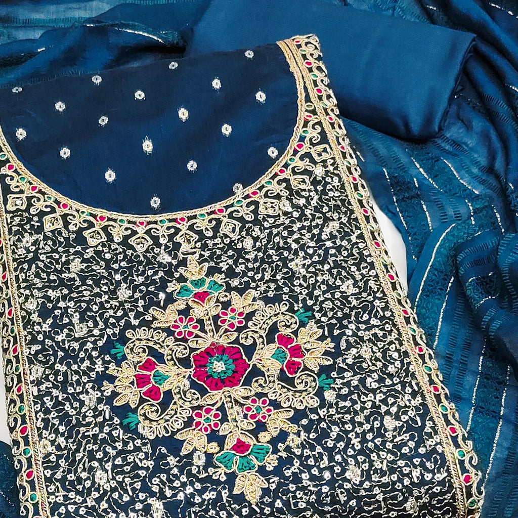 Morpich Blue Floral Butti Jacquard Chanderi Silk Dress Material With Sparkling Sequins Embroidery