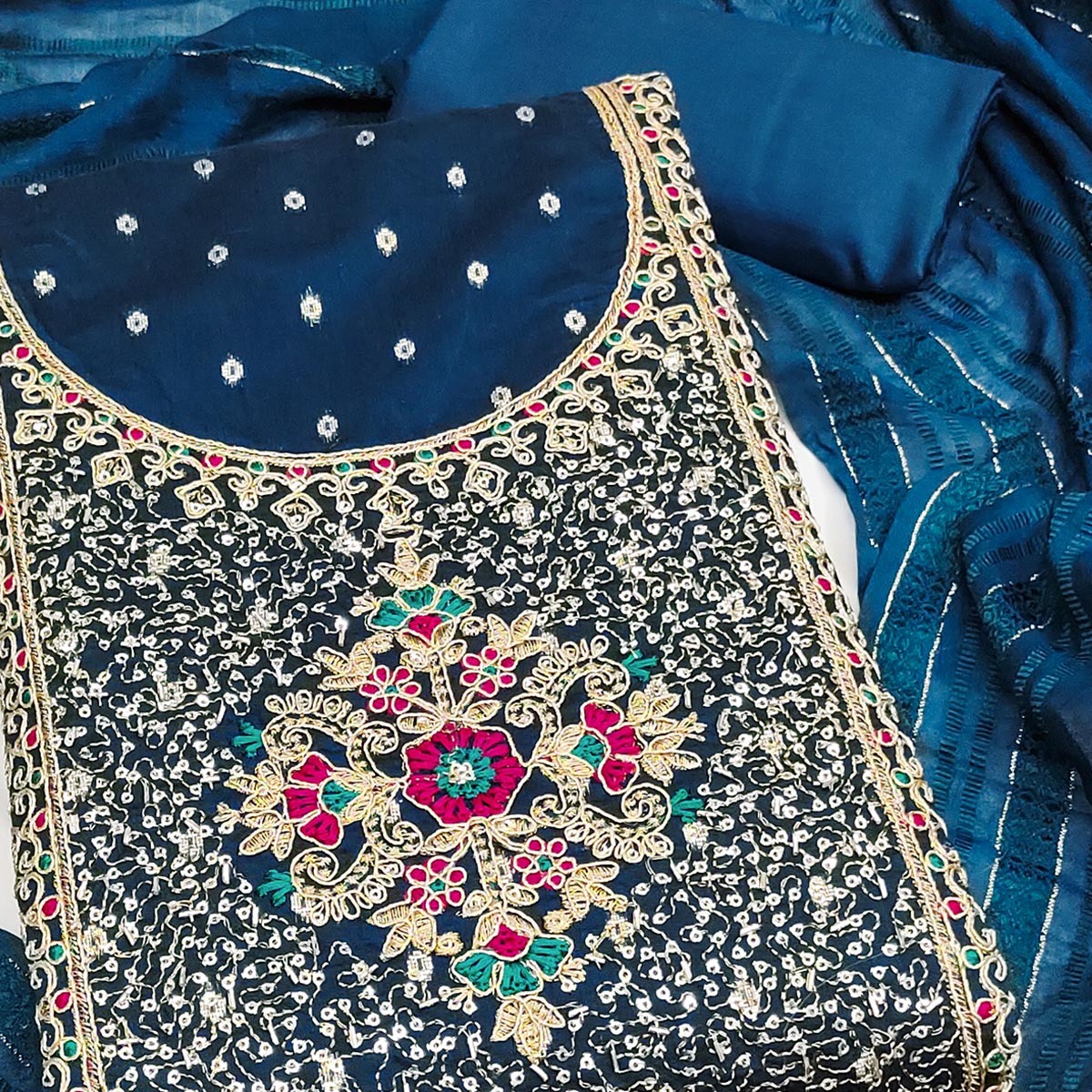 Morpich Blue Floral Butti Jacquard Chanderi Silk Dress Material With Sparkling Sequins Embroidery