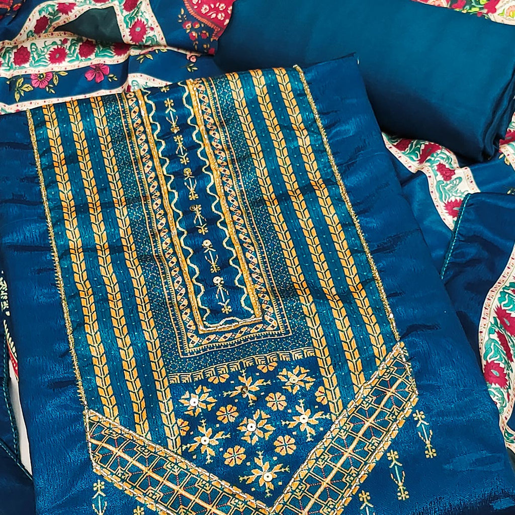 Blue Digital Printed Chinon Dress Material With Sequins & Handwork Embellishment