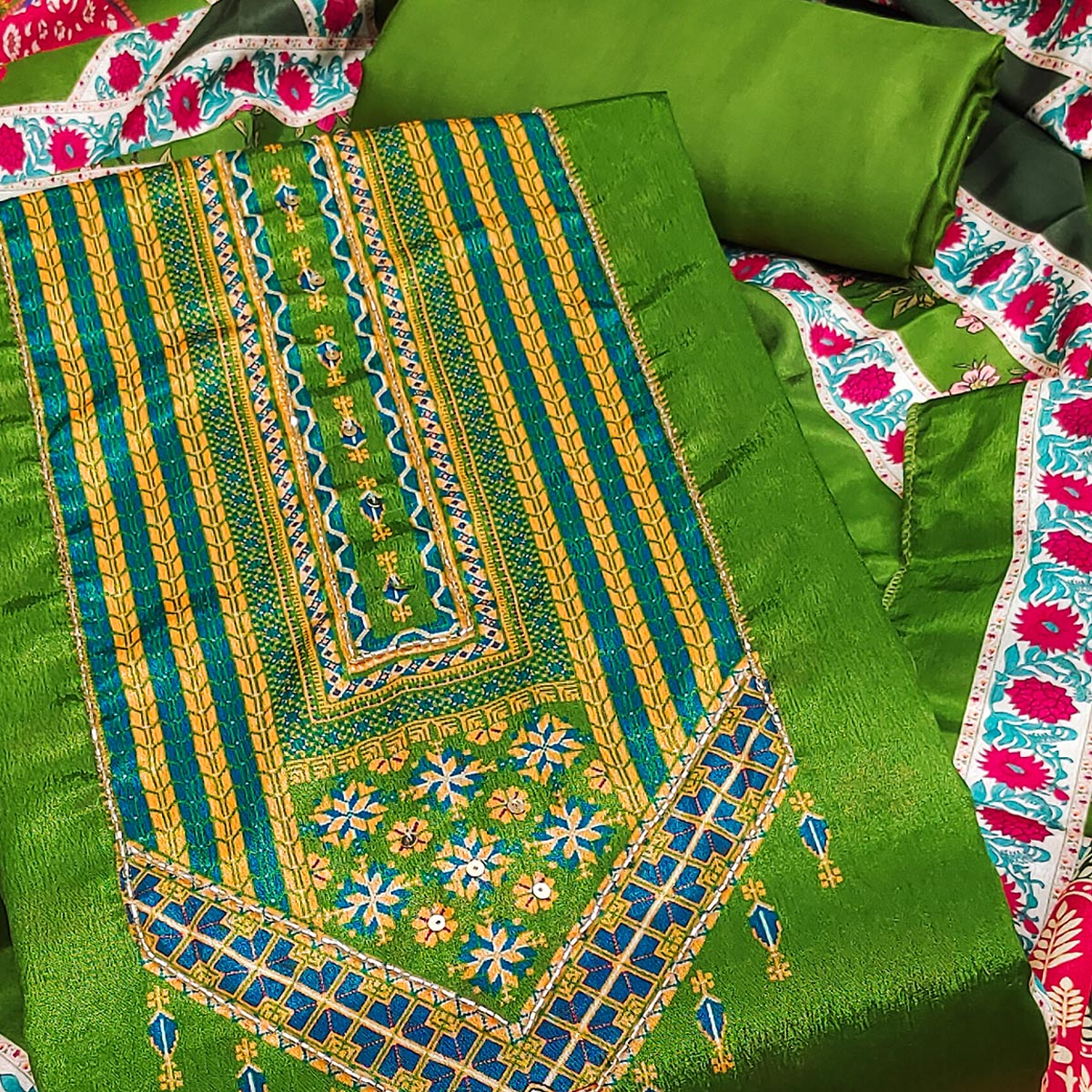 Green Digital Printed Chinon Dress Material With Sequins & Handwork Embellishment