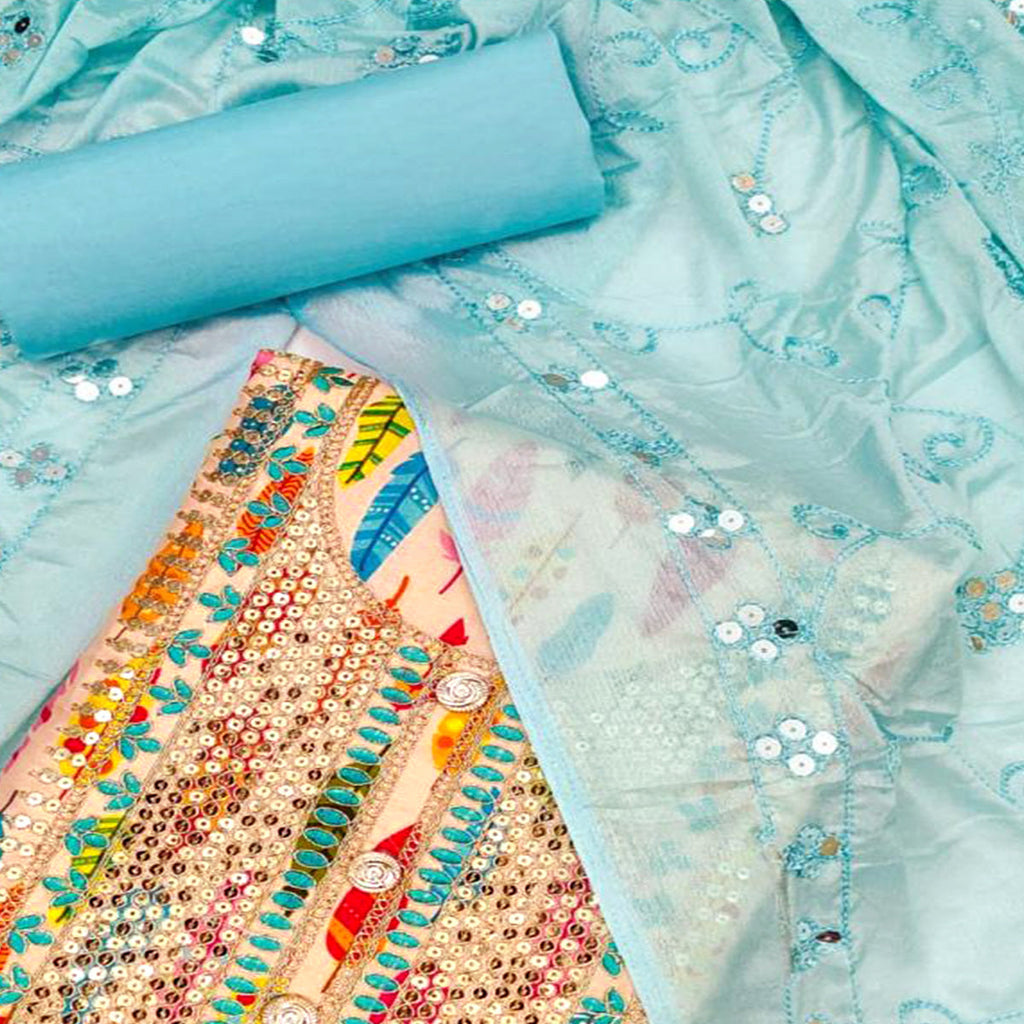 Peach Digital Printed With Sequins Work Cotton Blend Dress Material