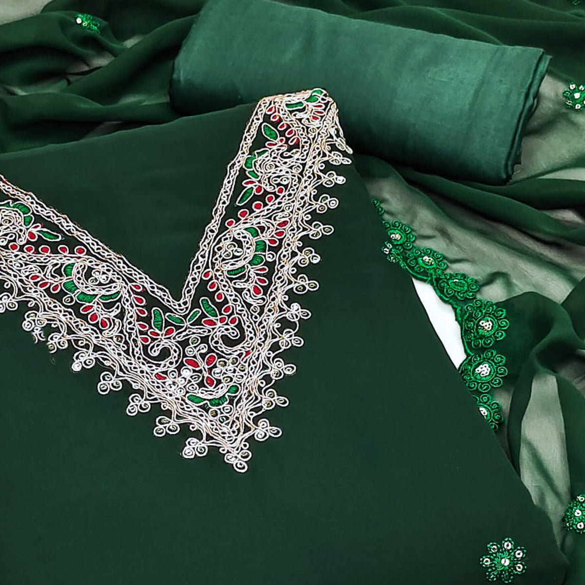 Green Sequins Embroidered Georgette Dress Material
