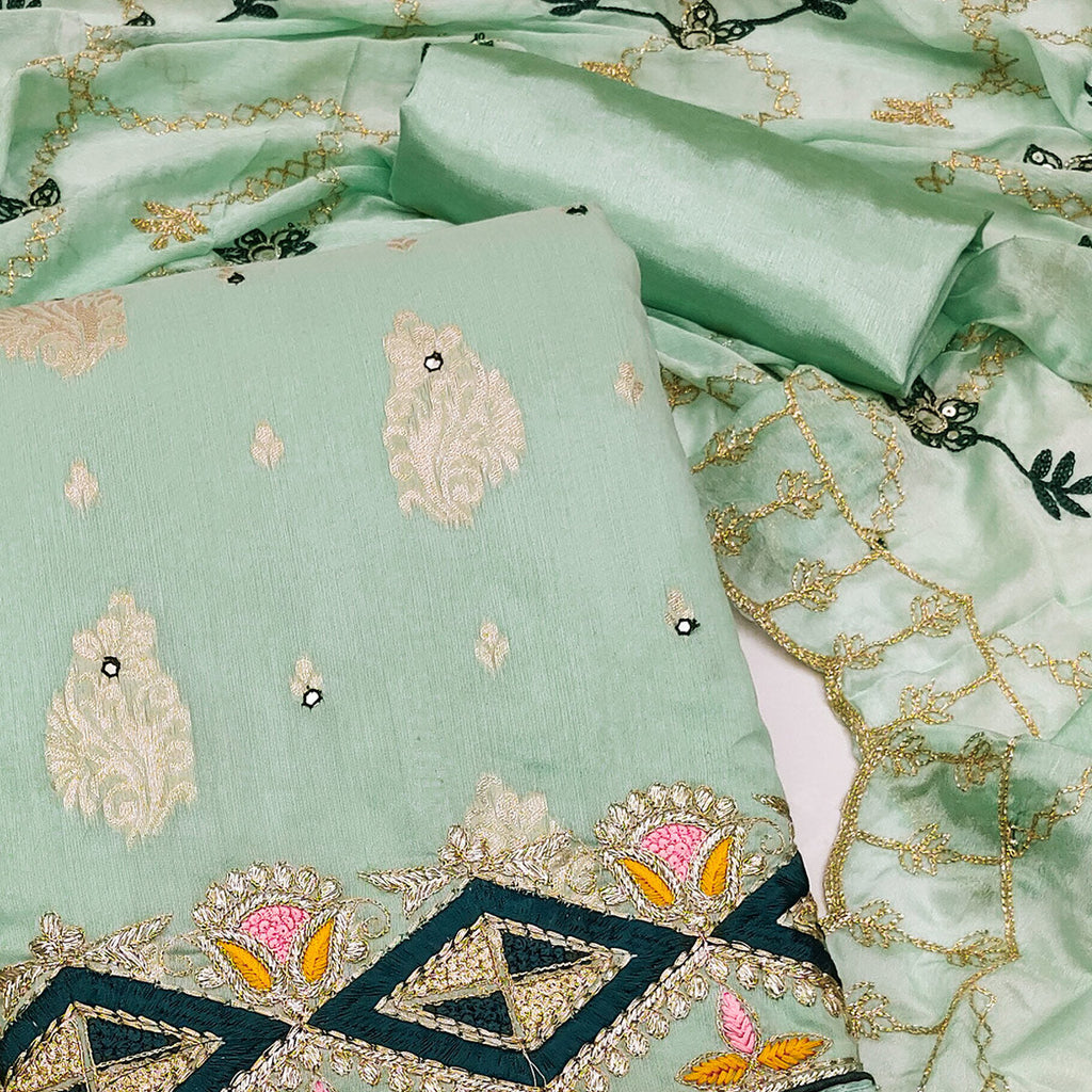 Green Floral Woven Banarasi Silk Dress Material