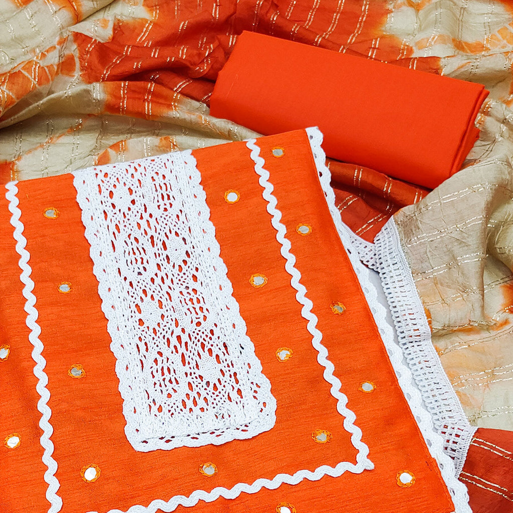 Orange Printed With Embroidered Pure Cotton Dress Material