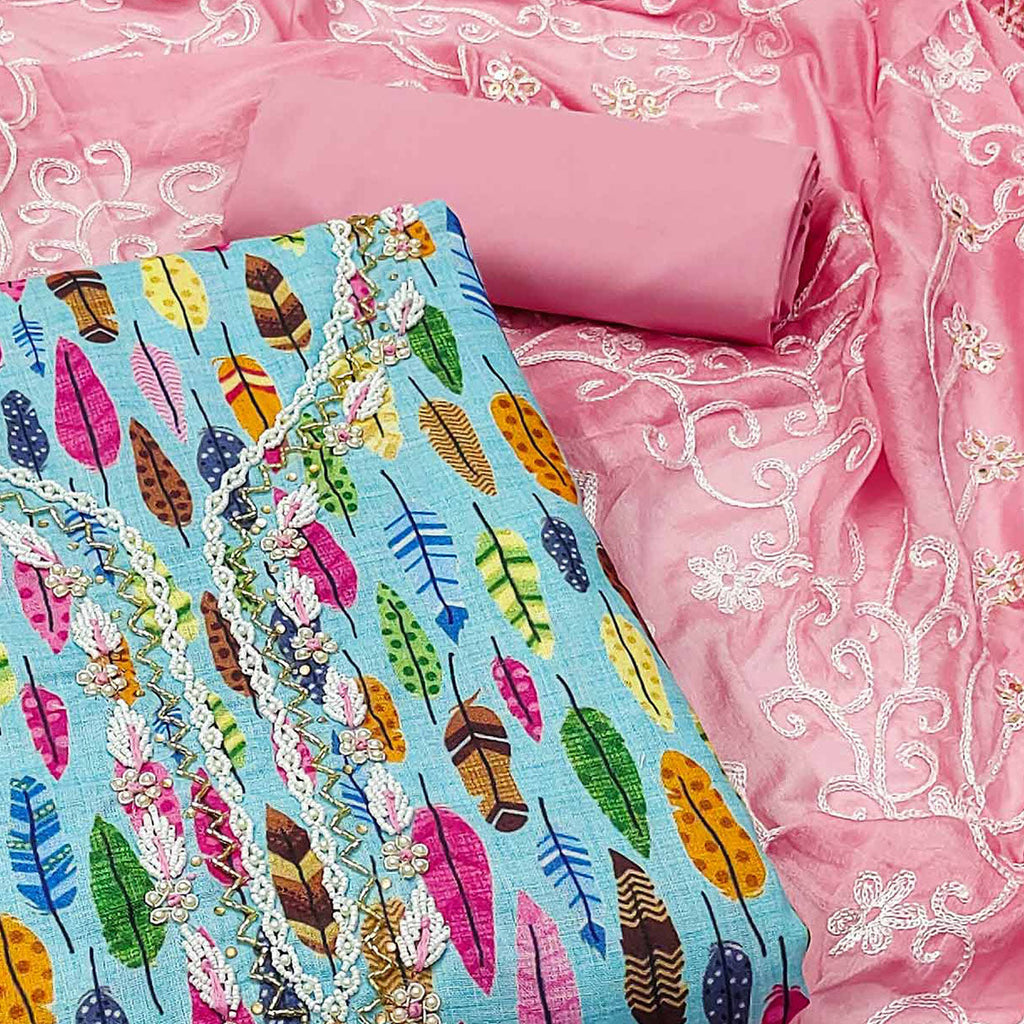 Blue Printed With Handwork Pure Cotton Dress Material