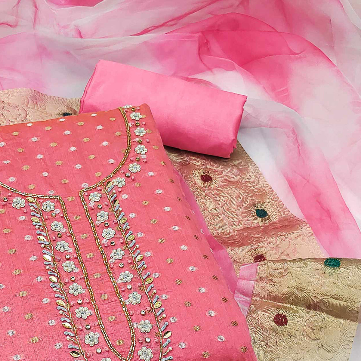 Pink Woven With Handwork Modal Dress Material