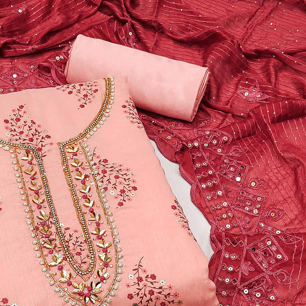 Peach Printed With Handwork Modal Dress Material