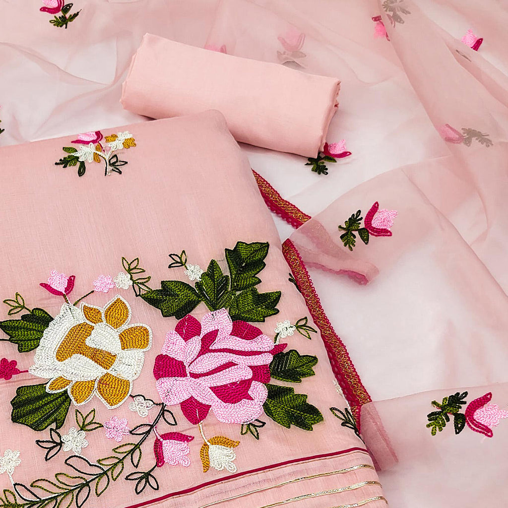 Peach Floral Embroidered Modal Dress Material