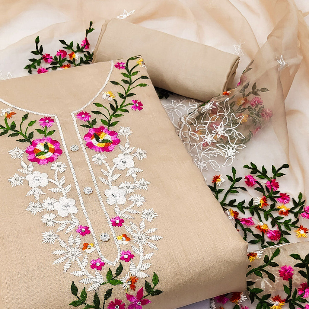 Chikoo Floral Embroidered Chanderi Dress Material