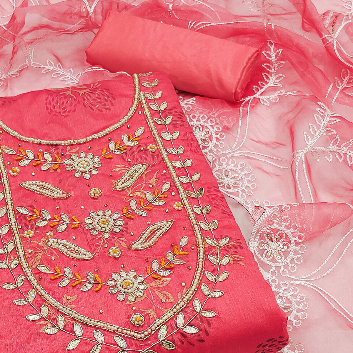 Pink Floral Printed Handwork Modal Dress Material