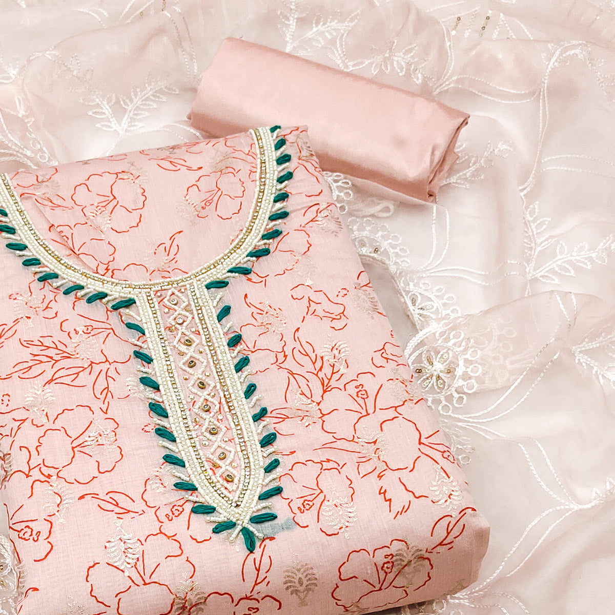 Peach Floral Printed Modal Dress Material