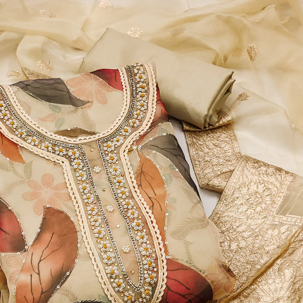 Chikoo Digital Printed With Handwork Organza Dress Material