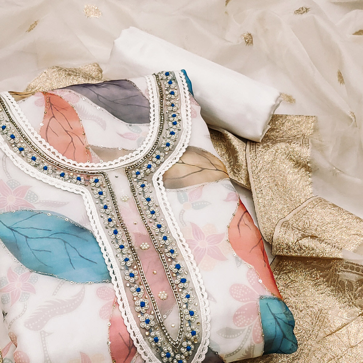 Off White Digital Printed With Handwork Organza Dress Material