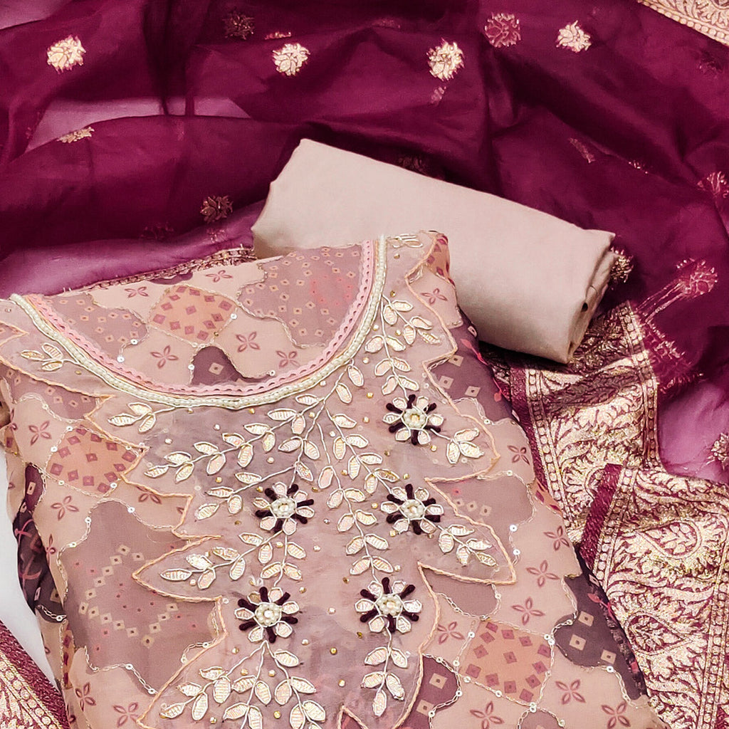 Beige Printed Organza Dress Material