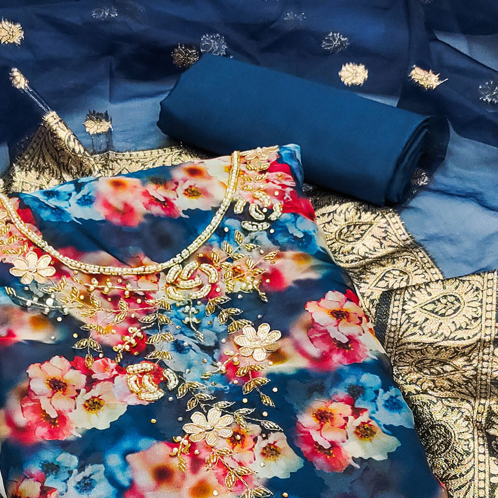Blue Floral Printed Organza Dress Material