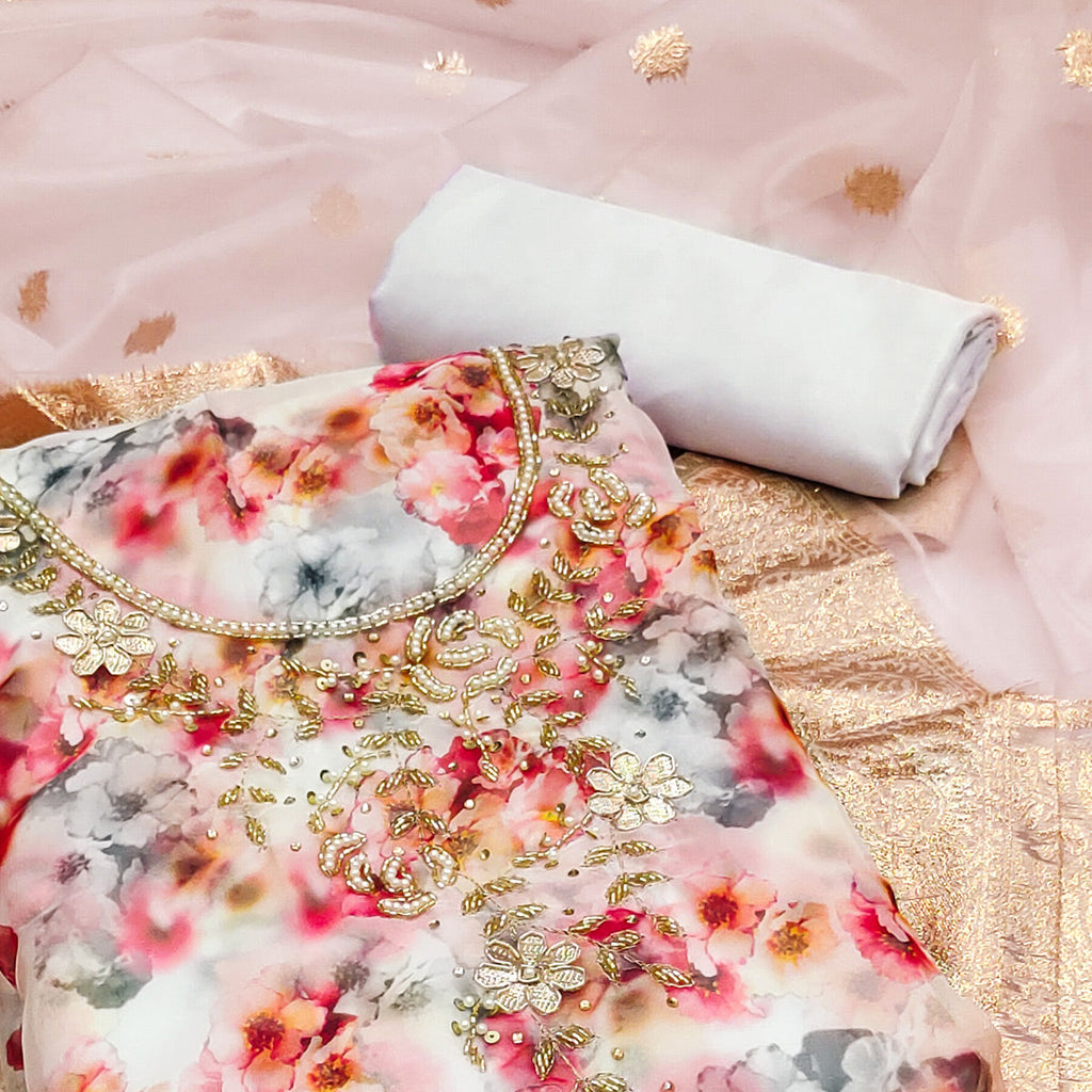 Off White Floral Printed Organza Dress Material