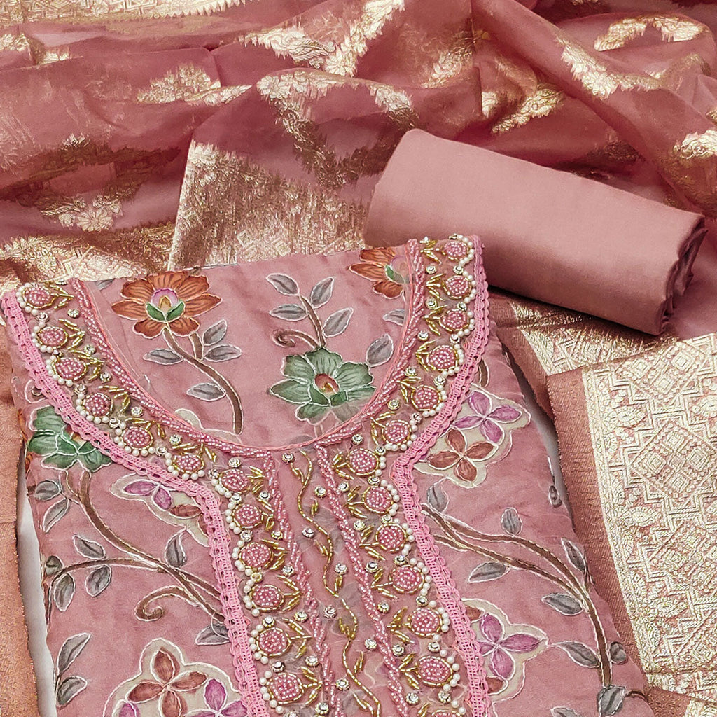 Mauve Floral Printed Organza Dress Material