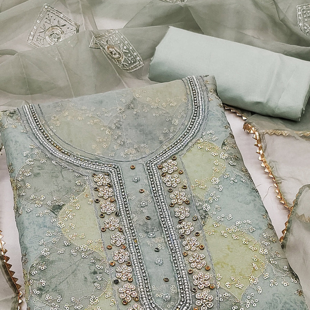 Grey Sequins Embroidered Organza Dress Material