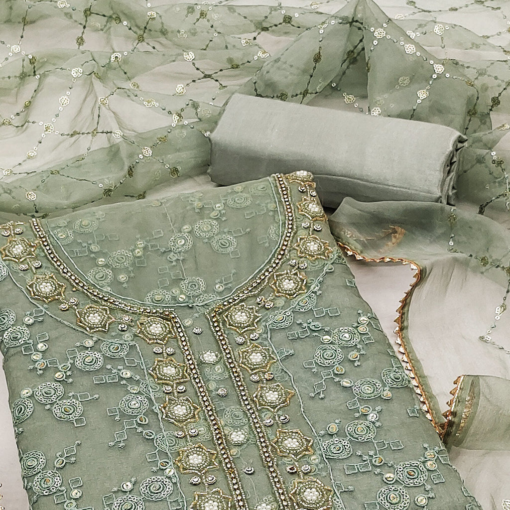 Green Sequins Embroidered Organza Dress Material