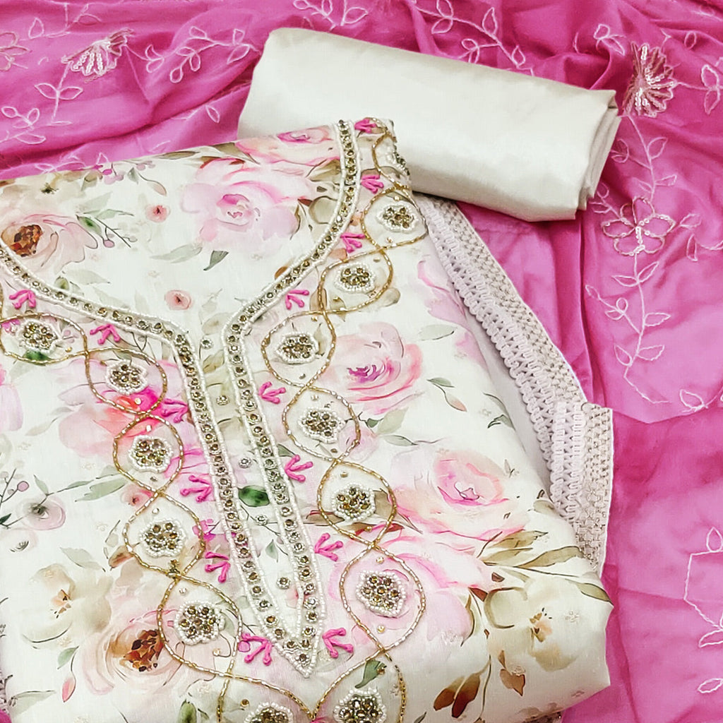 Cream & Pink Floral Digital Printed With Handwork Chanderi Silk Dress Material