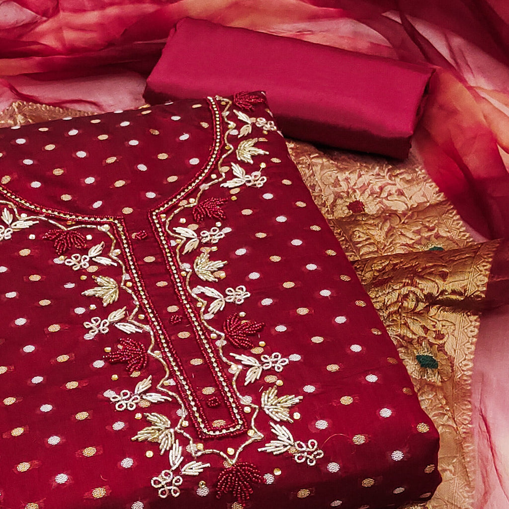 Maroon Woven With Handwork Chanderi Silk Dress Material