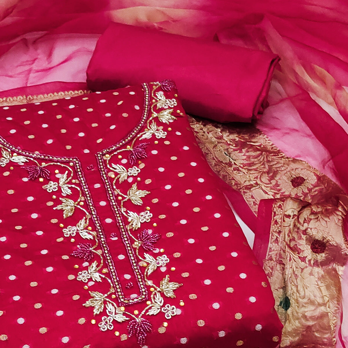 Pink Woven With Handwork Chanderi Silk Dress Material