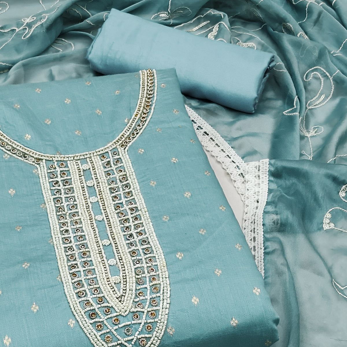 Blue Woven With Moti Handwork Chanderi Silk Dress Material
