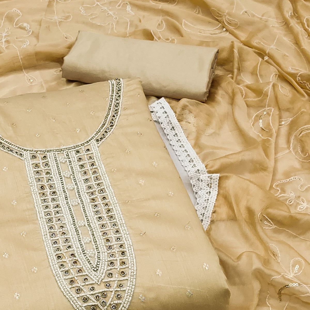 Chikoo Woven With Moti Handwork Chanderi Silk Dress Material