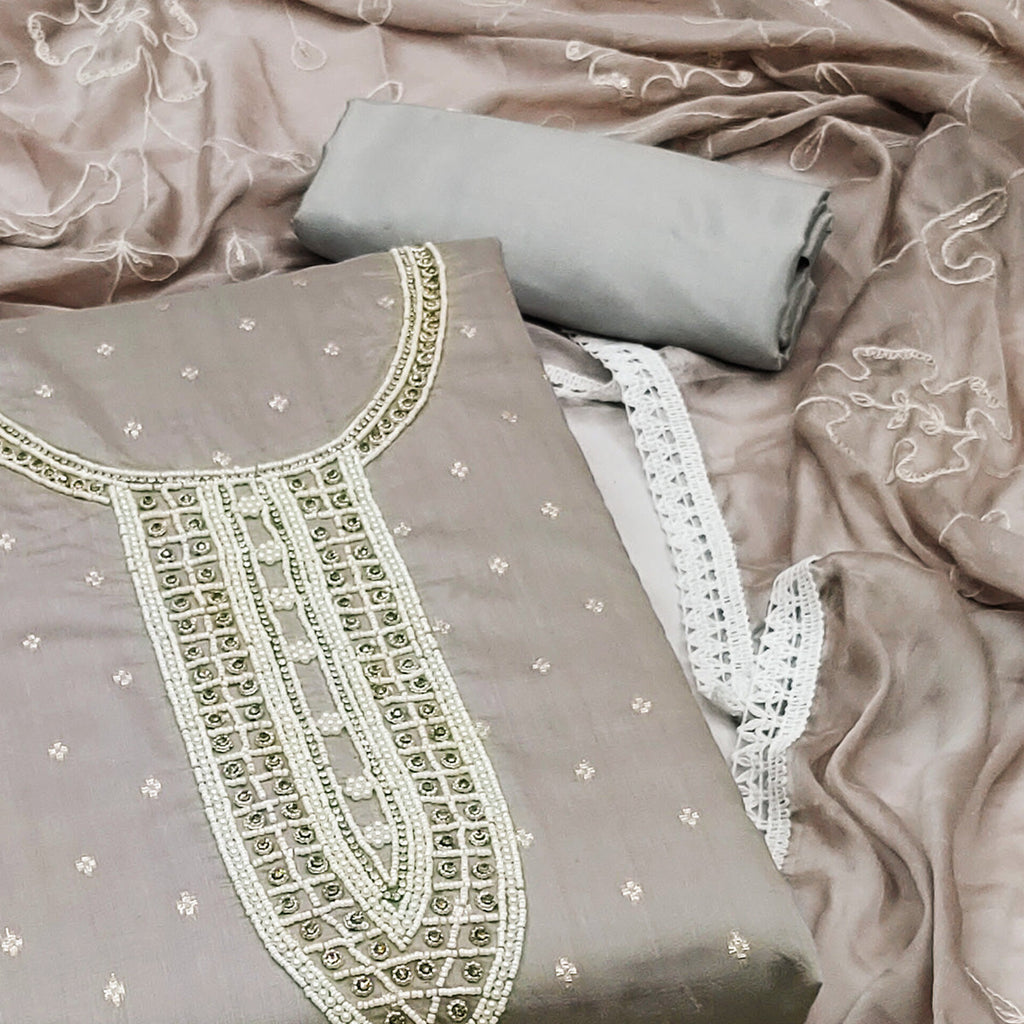 Grey Woven With Moti Handwork Chanderi Silk Dress Material