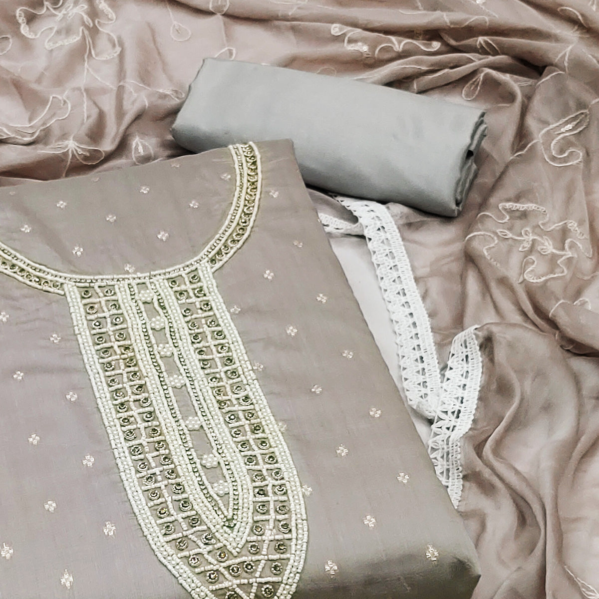 Grey Woven With Moti Handwork Chanderi Silk Dress Material