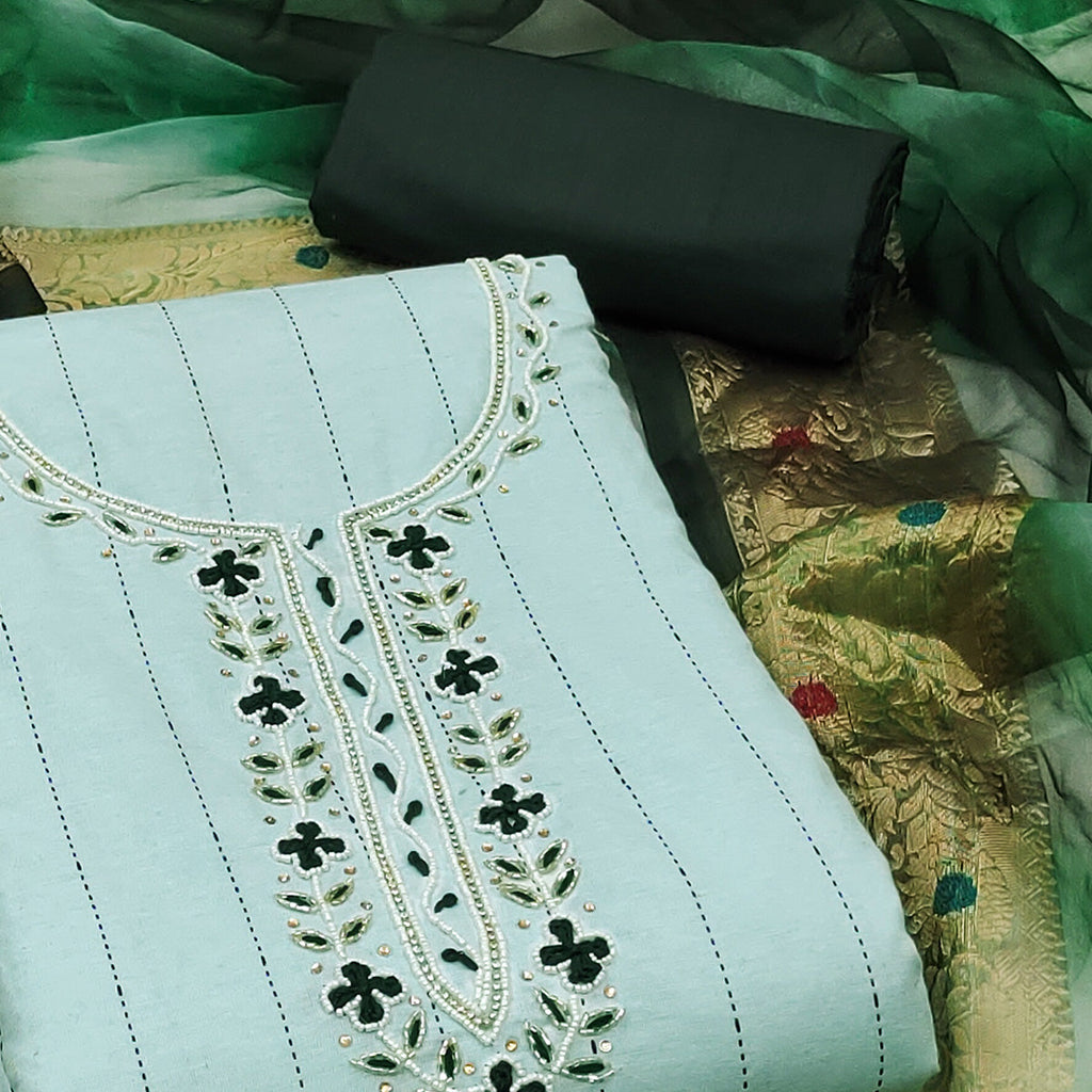Green Embroidered With Handwork Cotton Blend Dress Material
