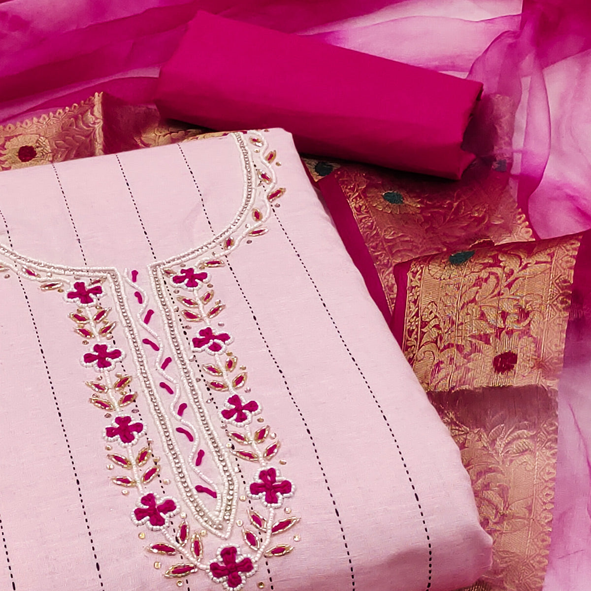 Pink Embroidered With Handwork Cotton Blend Dress Material