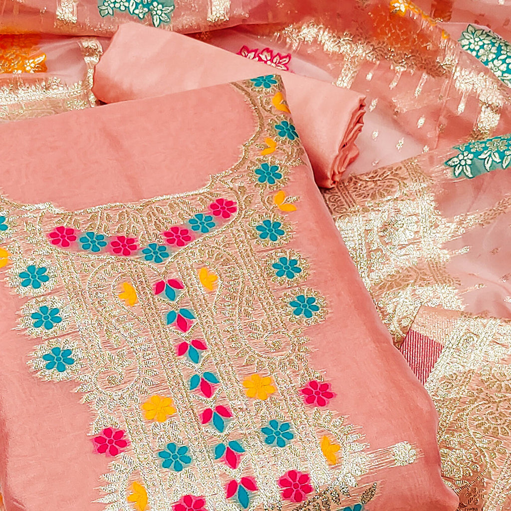 Peach Floral Woven Organza Dress Material