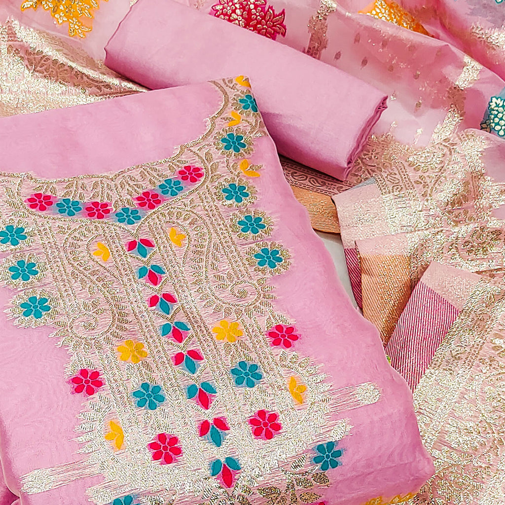 Pink Floral Woven Organza Dress Material