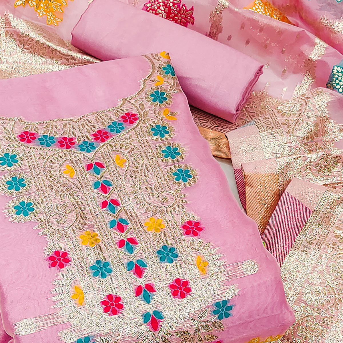 Pink Floral Woven Organza Dress Material