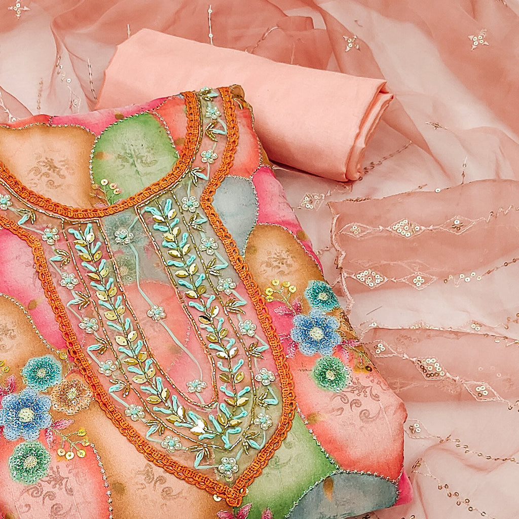 Peach Floral Printed Organza Dress Material