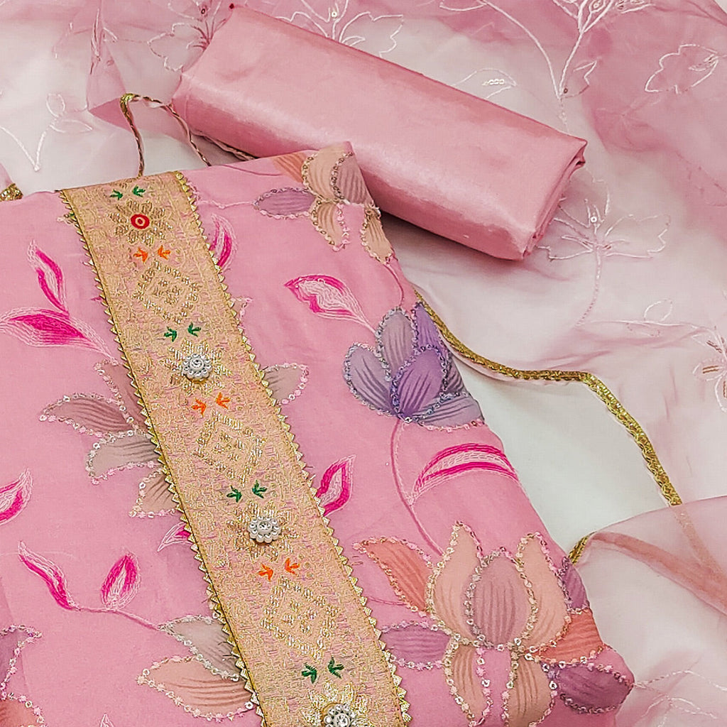 Pink Floral Printed Organza Dress Material