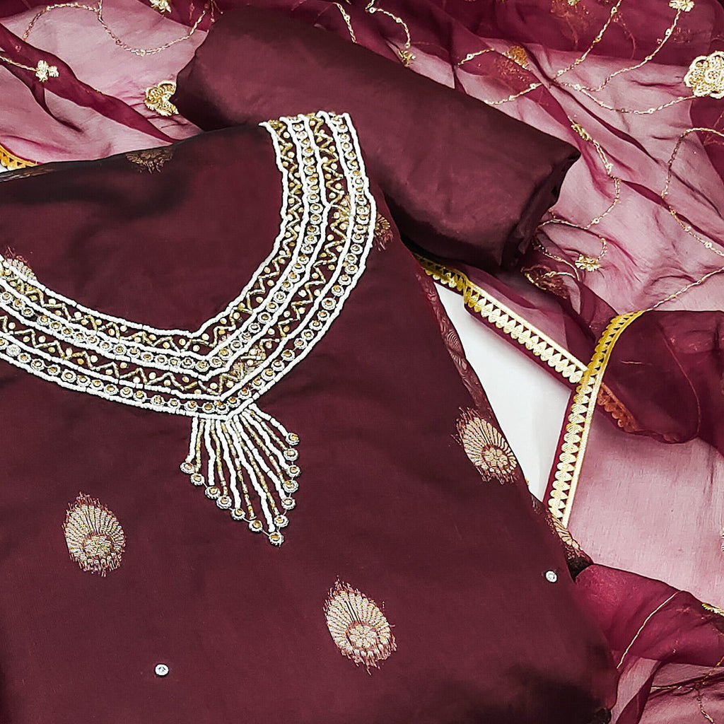 Maroon Floral Woven Organza Dress Material