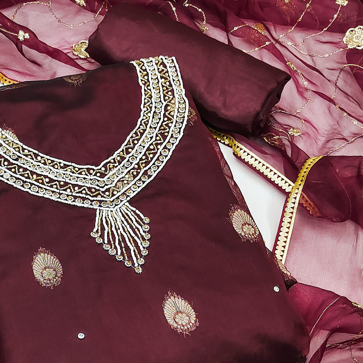 Maroon Floral Woven Organza Dress Material